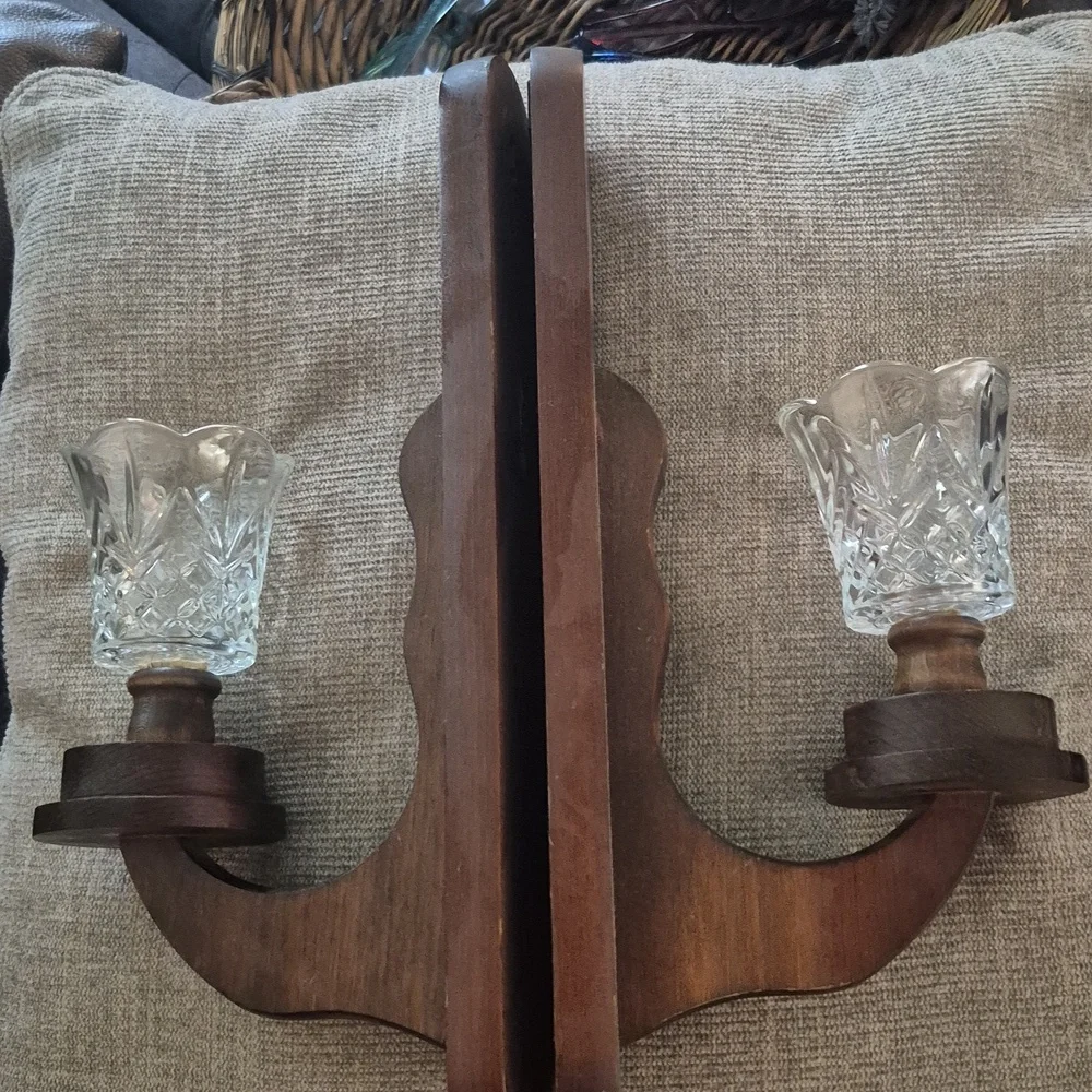 Vintage MCM Wood Wall Candle Holder Sconces Votive Cups